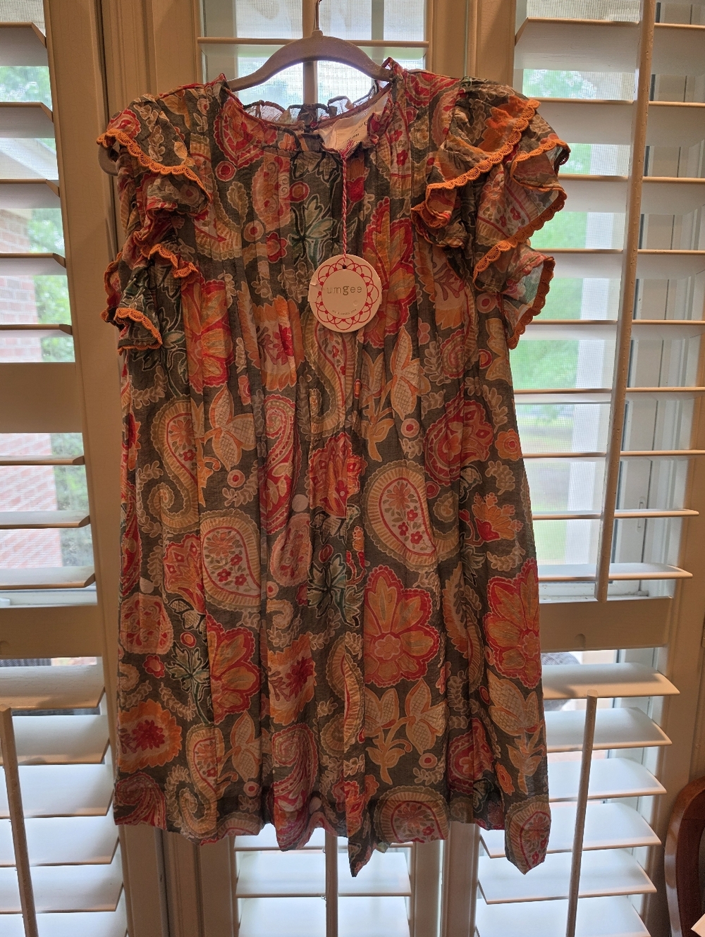 Umgee Olive and Coral Paisley Ruffle Dress